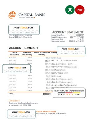 North Macedonia Capital Bank statement Excel and PDF template