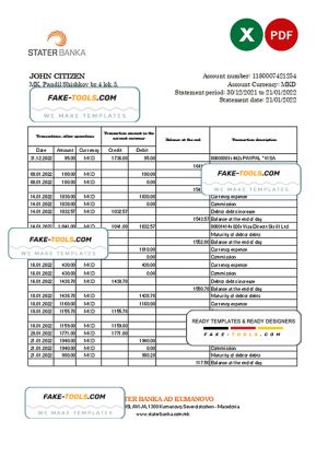 North Macedonia Stater Banka bank statement Excel and PDF template
