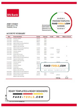 Norway BN Bank bank statement template, Word and PDF format (.doc and .pdf)