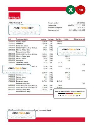 Norway BN Bank statement Excel and PDF template