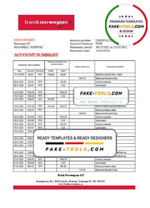 Norway Bank Norwegian AS bank statement easy to fill template in .xls and .pdf file format