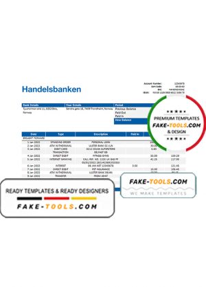 Norway Handelsbanken bank statement template, Word and PDF format (.doc and .pdf)
