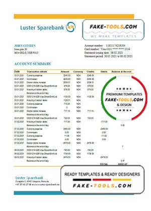 Norway Luster Sparebank bank statement easy to fill template in Excel and PDF format