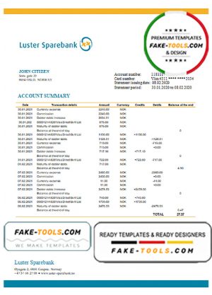 Norway Luster Sparebank bank statement easy to fill template in Word and PDF format