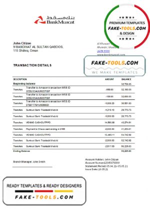 Oman Bank Muscat bank statement easy to fill template in .xls and .pdf file format