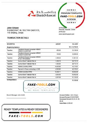 Oman Bank Muscat proof of address bank statement template in Word and PDF format (.doc and .pdf)