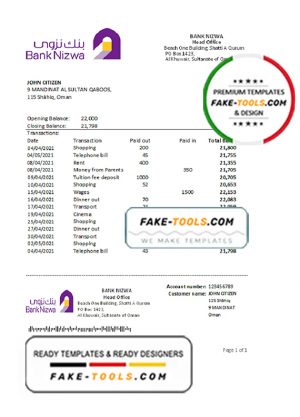 Oman Bank Nizwa bank statement easy to fill template in Excel and PDF format