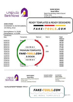 Oman Bank Nizwa proof of address bank statement template in Word and PDF format