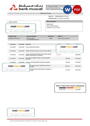 Oman Muscat Bank statement, Word and PDF template