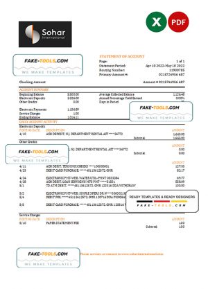 Oman Sohar International bank statement Excel and PDF template