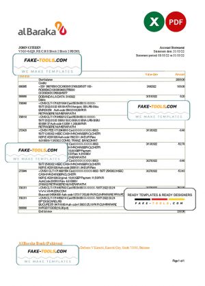 Pakistan Al Baraka bank statement Excel and PDF template