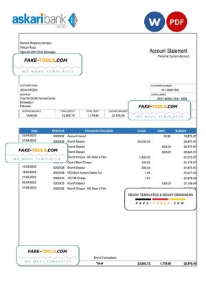Pakistan Askaribank bank statement, Word and PDF template Pakistan Askaribank bank statement, Word and PDF template