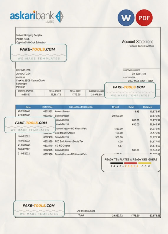 Pakistan Askaribank bank statement, Word and PDF template Pakistan Askaribank bank statement, Word and PDF template