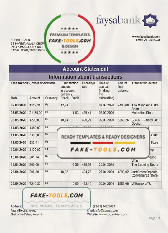 Pakistan Faysal bank statement template in Word and PDF format Pakistan Faysal bank statement template in Word and PDF format