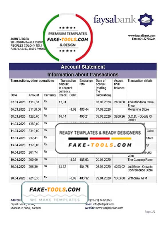 Pakistan Faysal bank statement template in Word and PDF format Pakistan Faysal bank statement template in Word and PDF format