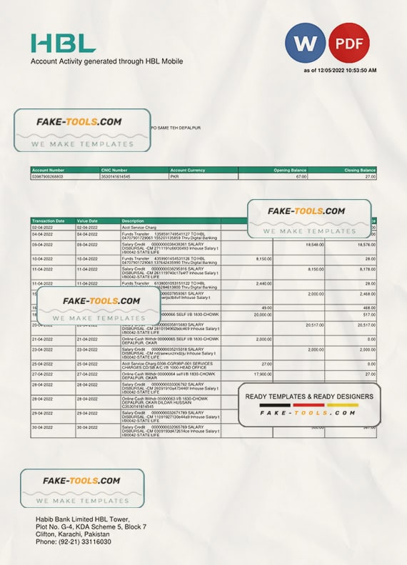 Pakistan HBL bank statement, Word and PDF template Pakistan HBL bank statement, Word and PDF template