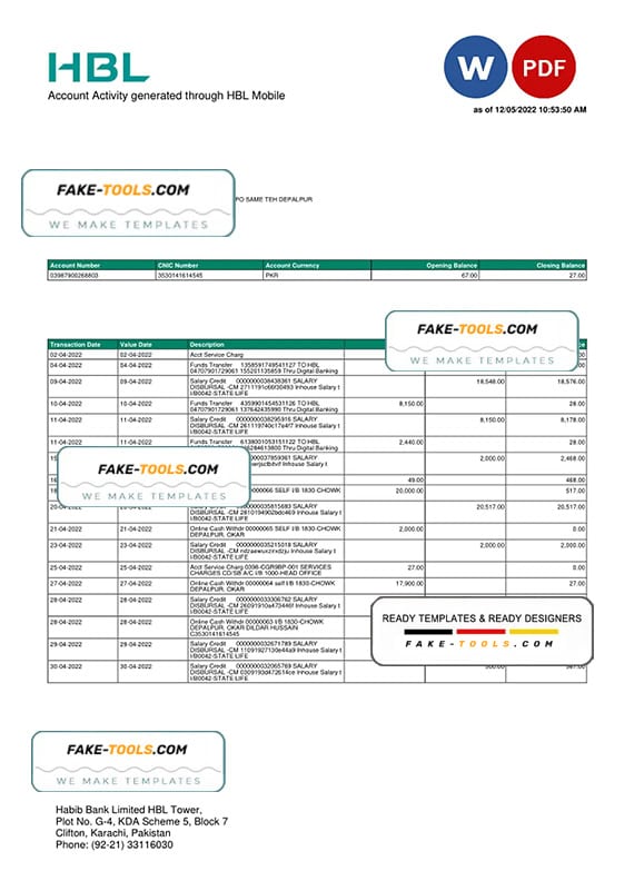 Pakistan HBL bank statement, Word and PDF template Pakistan HBL bank statement, Word and PDF template