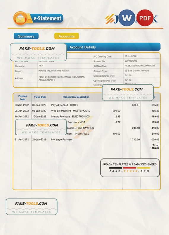 Pakistan JS bank e-statement, Word and PDF template, 3 pages Pakistan JS bank e-statement, Word and PDF template, 3 pages