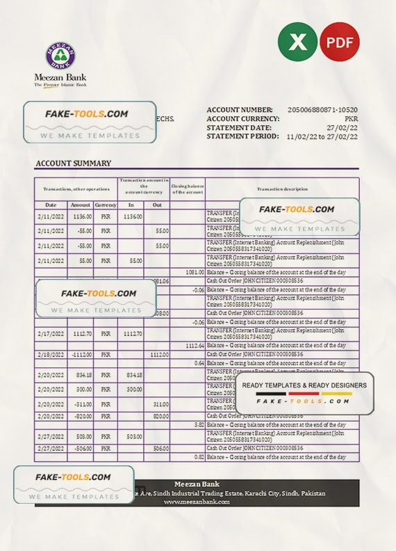 Pakistan Meezan bank statement Excel and PDF template Pakistan Meezan bank statement Excel and PDF template