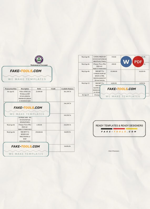Pakistan Meezan bank statement Word and PDF template, 2 pages Pakistan Meezan bank statement Word and PDF template, 2 pages