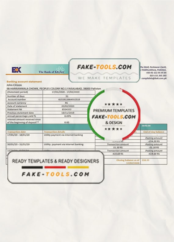 Pakistan The Bank of Khyber bank proof of address statement template in Word and PDF format, .doc and .pdf format Pakistan The Bank of Khyber bank proof of address statement template in Word and PDF format, .doc and .pdf format