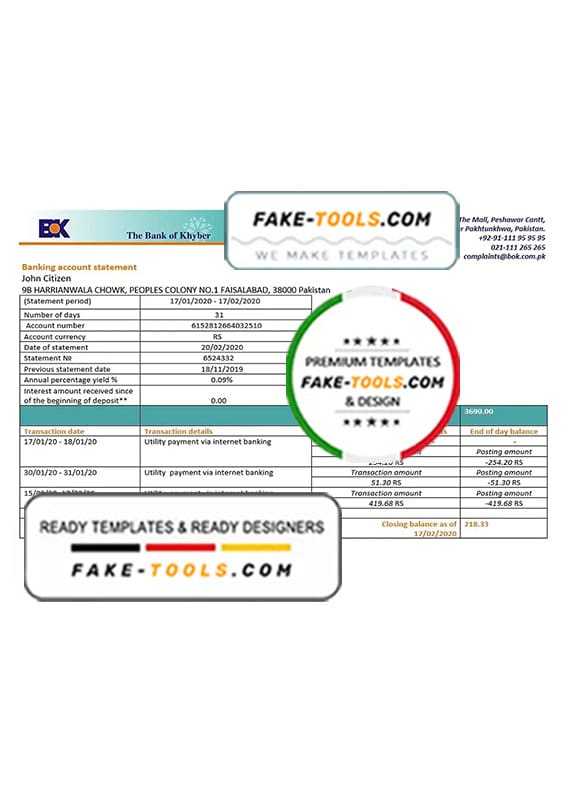 Pakistan The Bank of Khyber bank proof of address statement template in Word and PDF format, .doc and .pdf format Pakistan The Bank of Khyber bank proof of address statement template in Word and PDF format, .doc and .pdf format