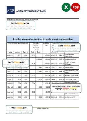 Palau ADB bank statement Excel and PDF template Palau ADB bank statement Excel and PDF template