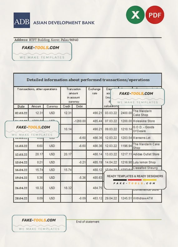 Palau ADB bank statement Excel and PDF template Palau ADB bank statement Excel and PDF template