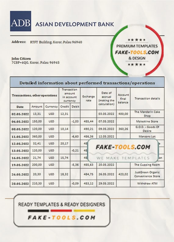 Palau ADB bank statement template in Word and PDF format Palau ADB bank statement template in Word and PDF format