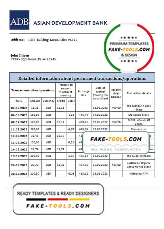 Palau ADB bank statement template in Word and PDF format Palau ADB bank statement template in Word and PDF format