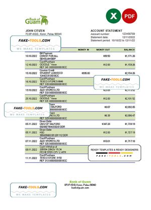 Palau Bank of Guam Bank statement Excel and PDF template Palau Bank of Guam Bank statement Excel and PDF template