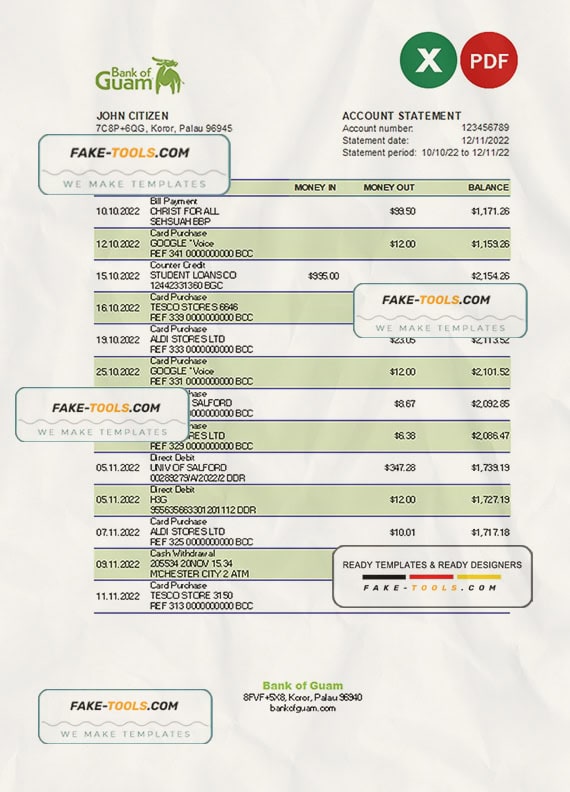 Palau Bank of Guam Bank statement Excel and PDF template Palau Bank of Guam Bank statement Excel and PDF template