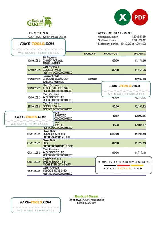 Palau Bank of Guam Bank statement Excel and PDF template Palau Bank of Guam Bank statement Excel and PDF template