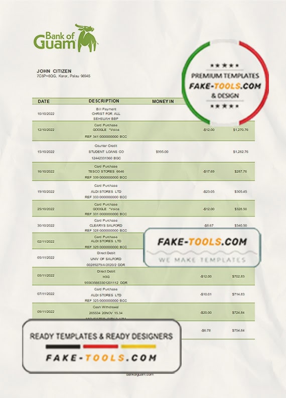 Palau Bank of Guam bank statement template in Word and PDF format Palau Bank of Guam bank statement template in Word and PDF format