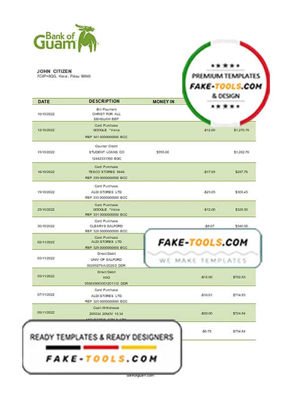 Palau Bank of Guam bank statement template in Word and PDF format Palau Bank of Guam bank statement template in Word and PDF format