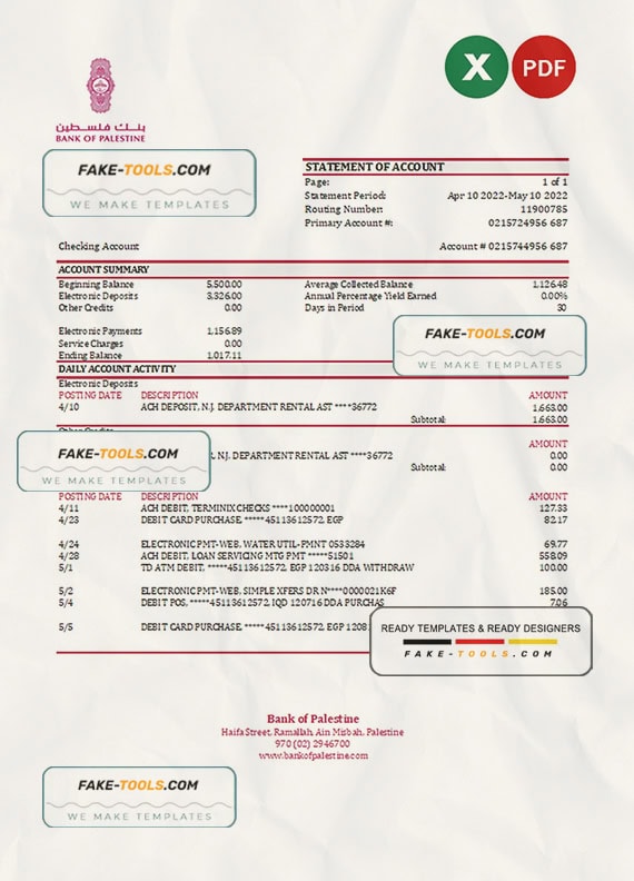 Palestine Bank of Palestine bank statement Excel and PDF template Palestine Bank of Palestine bank statement Excel and PDF template