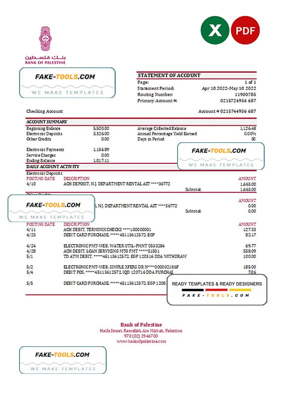 Palestine Bank of Palestine bank statement Excel and PDF template Palestine Bank of Palestine bank statement Excel and PDF template