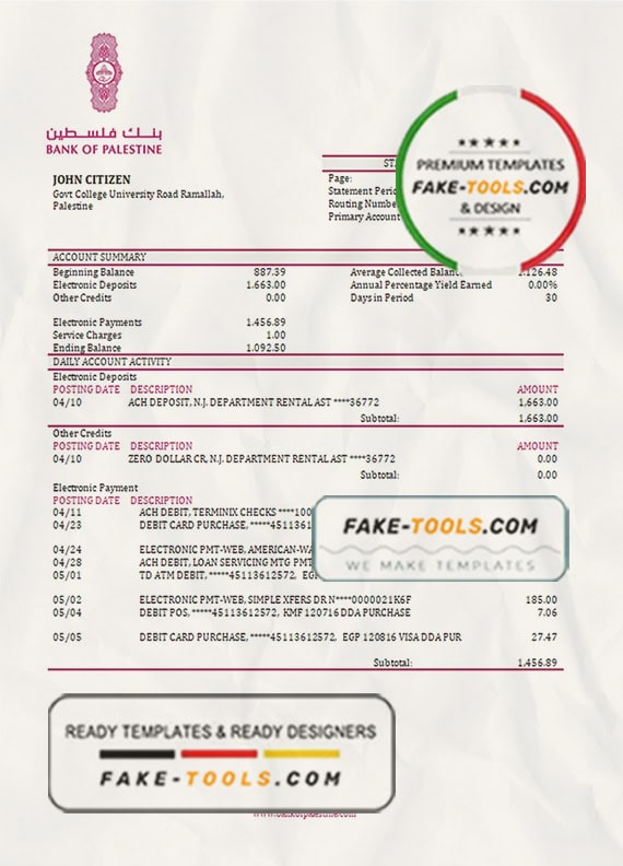 Palestine Bank of Palestine bank statement template in Word and PDF format Palestine Bank of Palestine bank statement template in Word and PDF format