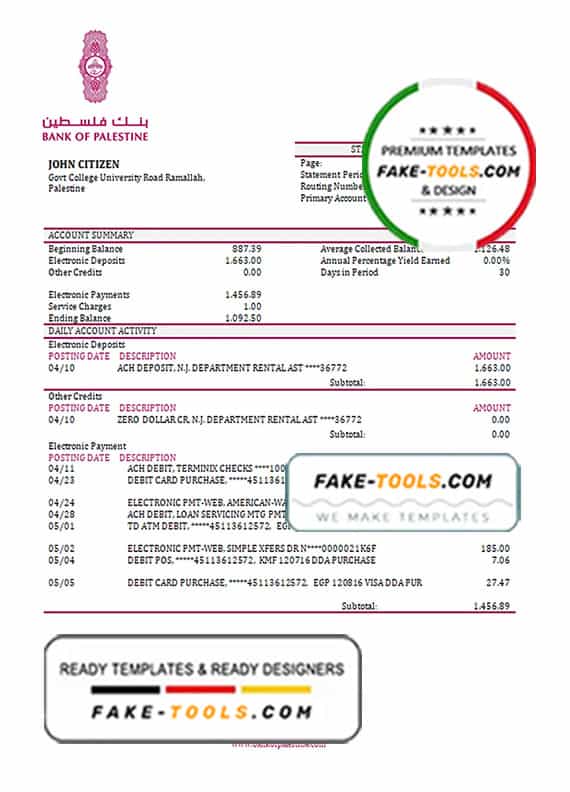 Palestine Bank of Palestine bank statement template in Word and PDF format Palestine Bank of Palestine bank statement template in Word and PDF format