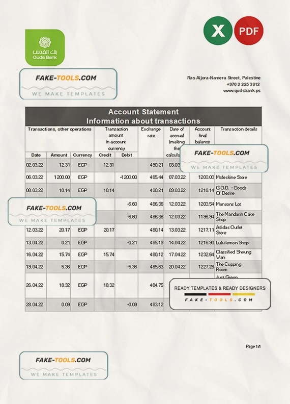 Palestine Quds bank statement Excel and PDF template Palestine Quds bank statement Excel and PDF template