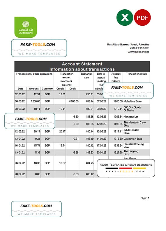 Palestine Quds bank statement Excel and PDF template Palestine Quds bank statement Excel and PDF template