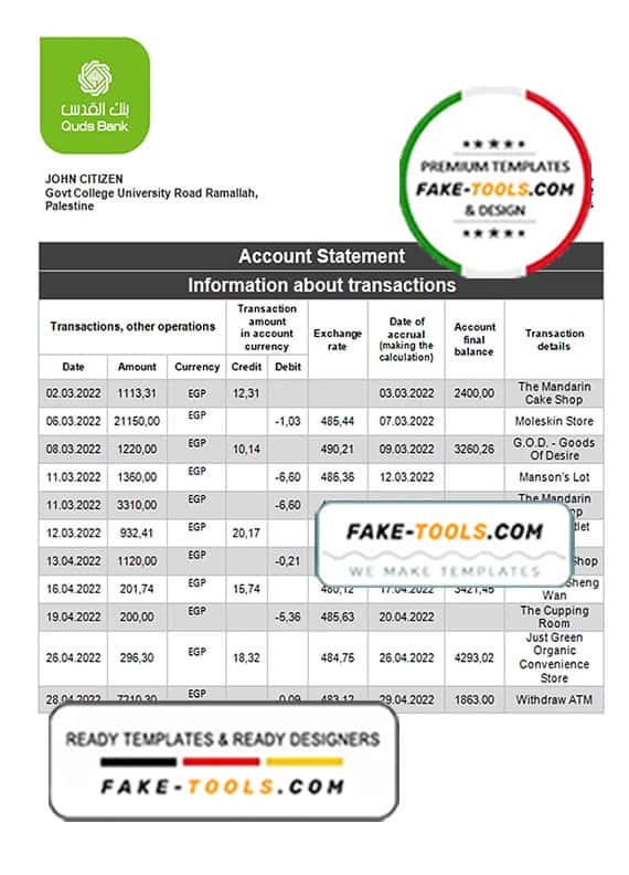 Palestine Quds bank statement template in Word and PDF format Palestine Quds bank statement template in Word and PDF format