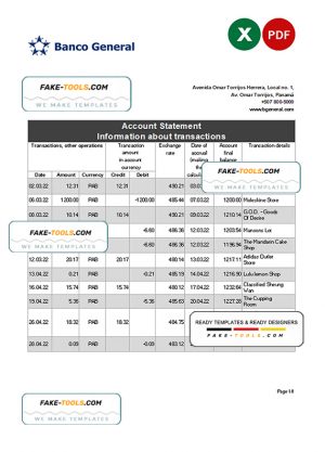 Panama Banco General bank statement Excel and PDF template Panama Banco General bank statement Excel and PDF template