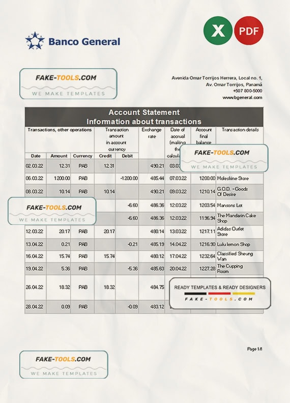 Panama Banco General bank statement Excel and PDF template Panama Banco General bank statement Excel and PDF template