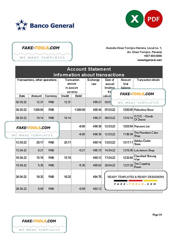 Panama Banco General bank statement Excel and PDF template Panama Banco General bank statement Excel and PDF template