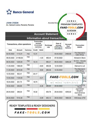 Panama Banco General bank statement template, Word and PDF format (.doc and .pdf) Panama Banco General bank statement template, Word and PDF format (.doc and .pdf)
