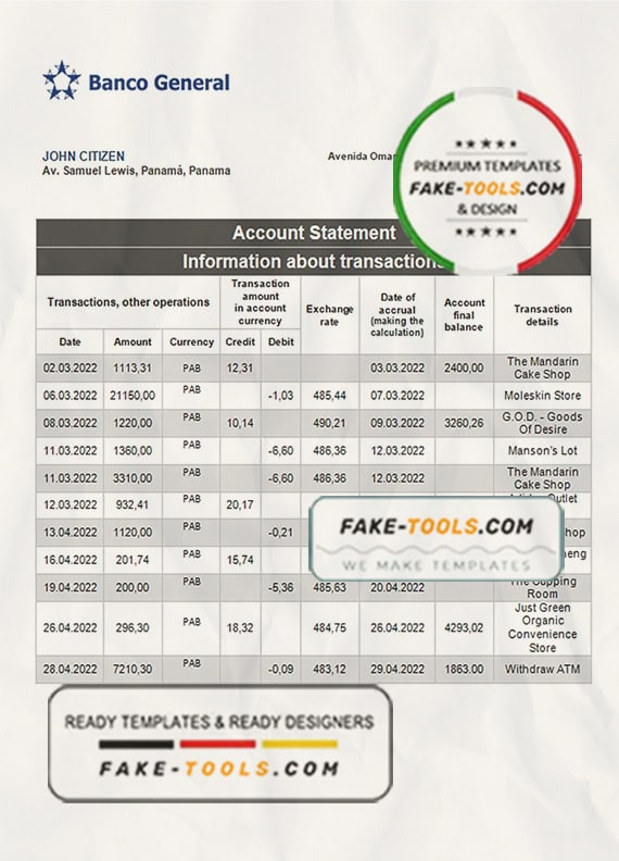 Panama Banco General bank statement template, Word and PDF format (.doc and .pdf) Panama Banco General bank statement template, Word and PDF format (.doc and .pdf)