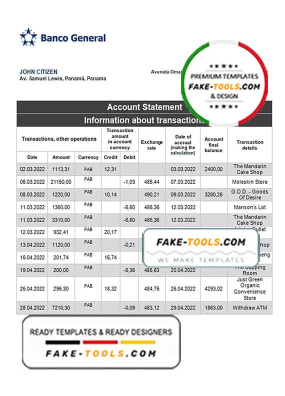 Panama Banco General bank statement template, Word and PDF format (.doc and .pdf) Panama Banco General bank statement template, Word and PDF format (.doc and .pdf)