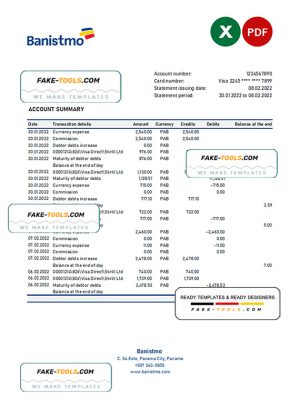 Panama Banistmo bank statement Excel and PDF template Panama Banistmo bank statement Excel and PDF template