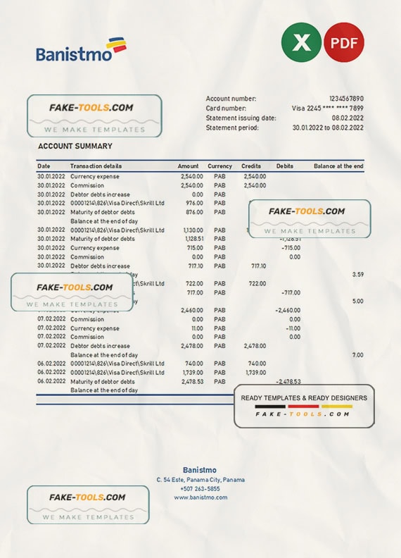 Panama Banistmo bank statement Excel and PDF template Panama Banistmo bank statement Excel and PDF template